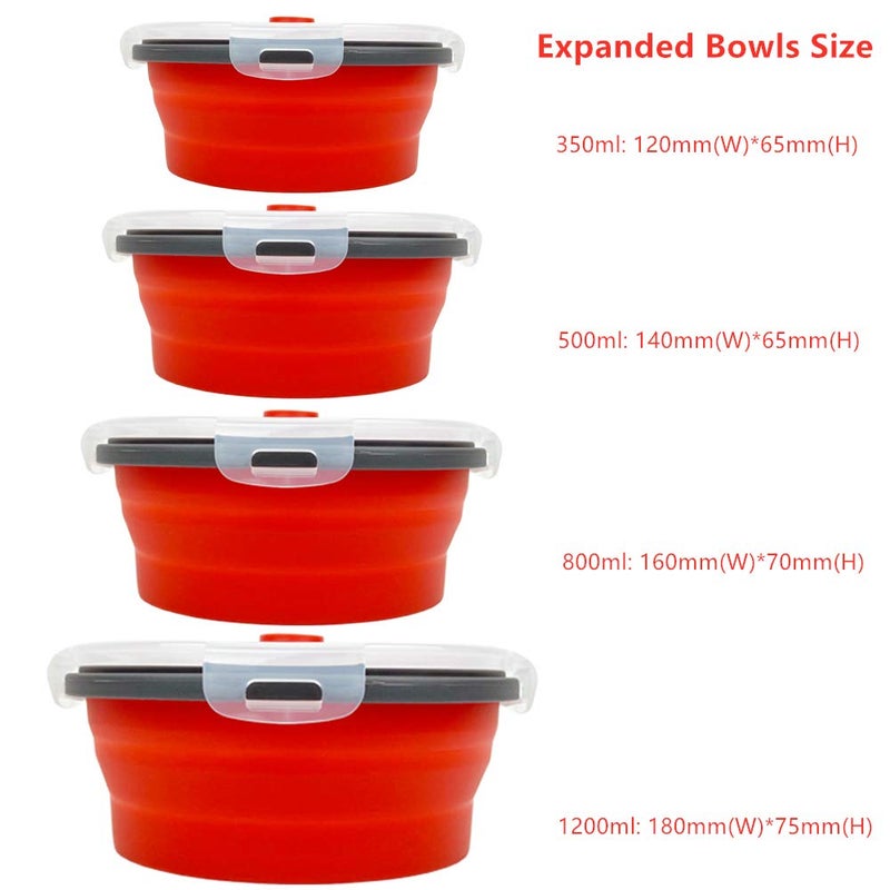 CARTINTS Red Collapsible Food Storage Bowls Silicone Travel Bowls with Leakproof Lids, Microwave and Freezer Safe, Set of 4 - Image 2